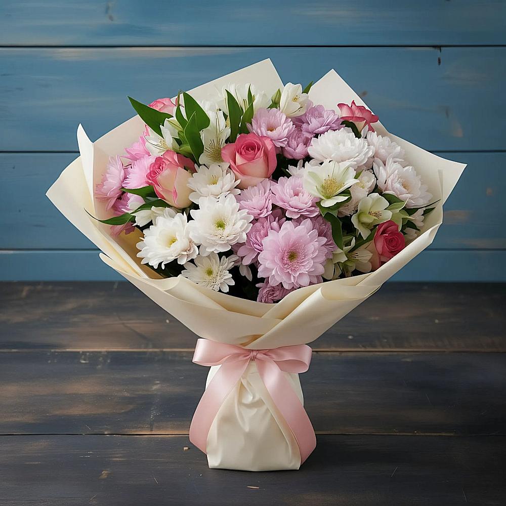 Букет цветов из: Хризантемы, Альстромерии и Розы во Власово